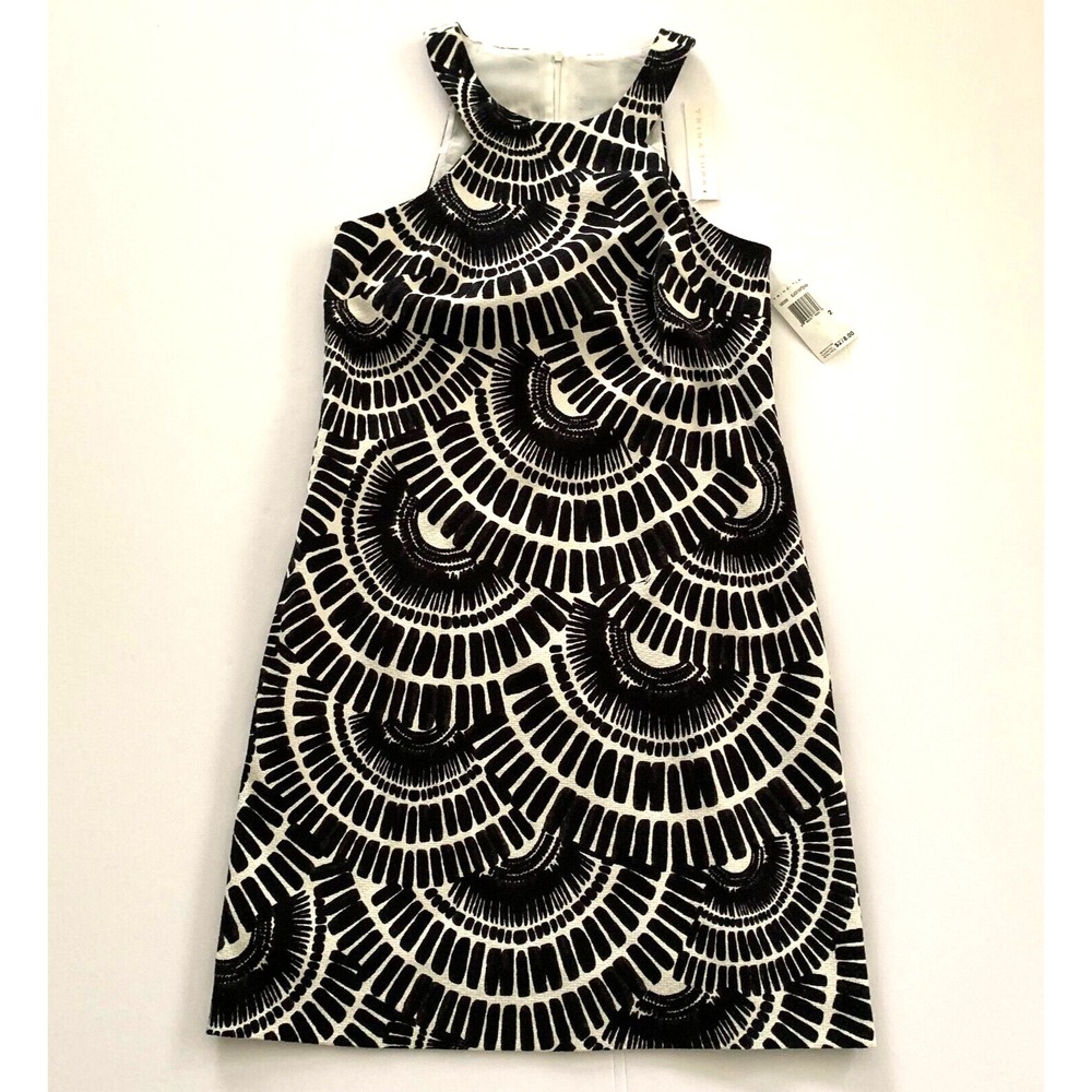 NWT Trina Turk Textured Cotton Sheath Shift Dress 2 XS Fan Tribal Black White